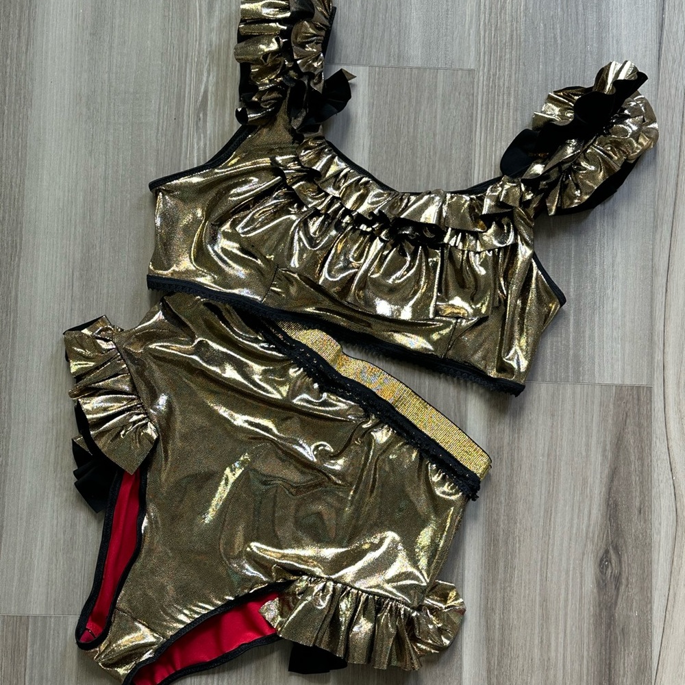 Gold handmade two piece swimsuit Size M—L New Ruffle detail NWT